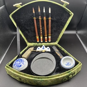 Vintage Chinese Calligraphy Set With 4 Brushes - Picture 1 of 7
