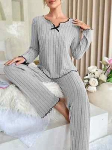 Women Sleepwear Pajamas Set Long Sleeve Top and Long Pants 2 Piece Set Casual - Picture 1 of 21