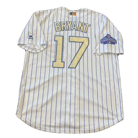 RARE GOLD MLB Kris Bryant #17 Jersey Chicago Cubs 2016 World Series Patch Size L Cover