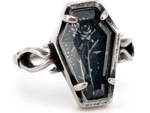 GOTHIC COFFIN RING rose in gray glass casket silvertone vampire jewelry F6 - Picture 1 of 7