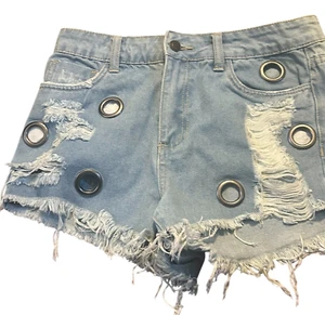 Forever 21 Cut-Off Shorts Womens S Blue Denim Distressed Frayed Grommet Festival - Picture 1 of 11