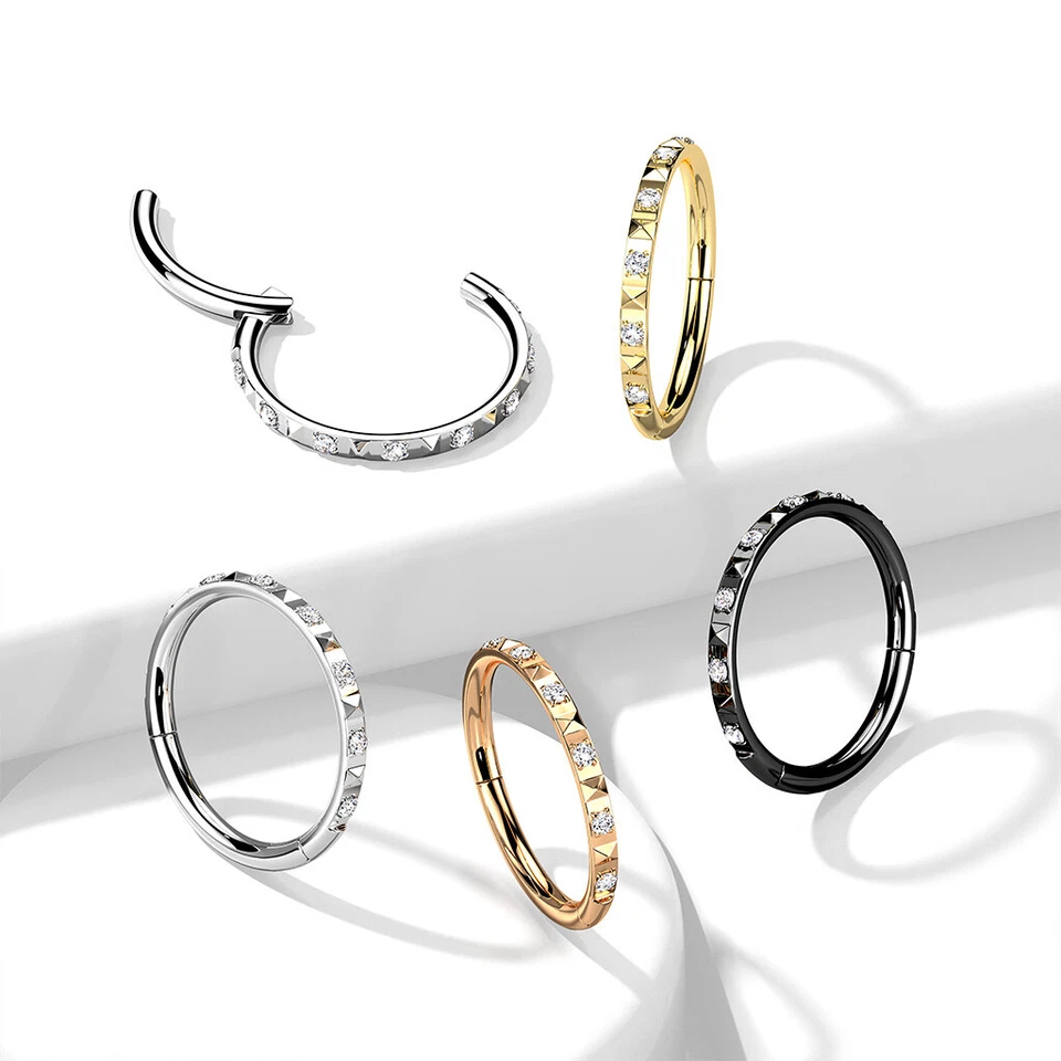 Orecchino Anello In Acciaio Chirurgico E Zirconio - Taglio Piramidale - Immagine 1 di 3