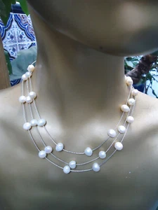 Stunning Silver 3 Strand Large White Cultured Baroque Floating Pearls Necklace - Picture 1 of 9