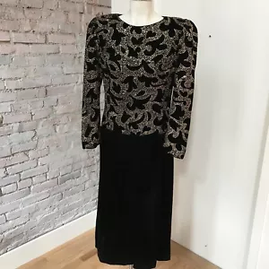 Vestido de Noche Vintage Años 80 Noche Terciopelo Negro Dorado Gota Cintura Mangas Largas 8 - Imagen 1 de 5