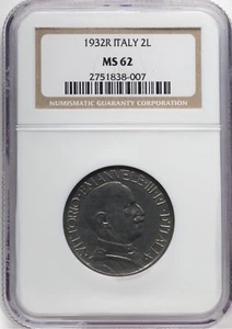 ITALY KINGDOM 1932-R 2 LIRE COIN PCGS CERTIFIED UNCIRCULATED MS62 *RARE* - Picture 1 of 4