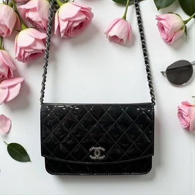 Chanel Black Quilted Patent Leather Brilliant Wallet On Chain Crossbody - Image 1 of 4