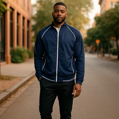 Chaqueta PROSPIRIT Mediana Cremallera Completa Atlética Golf Azul Marino Blanco Tubería Foto 1 de 4