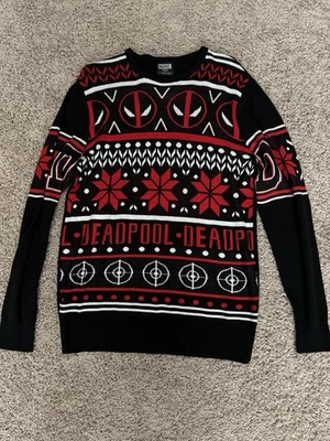 Marvel Deadpool Vacaciones Navidad Feo Suéter (S) Negro Rojo Navidad. Acogedora cabina Foto 1 de 3