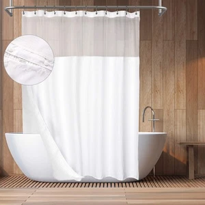 Hotel Style Cotton Shower Curtain with Snap in Fabric Liner 78 Long Mesh Window - Picture 1 of 6