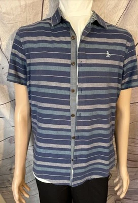 Camisa masculina PENGUIN By Munsingwear listrada manga curta azul verde M - Imagem 1 de 4