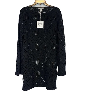 Haute Hippie Black Mesh Crochet Open Knit Long Sleeve Swim Cover Up Dress $98 XS - Image 1 of 4