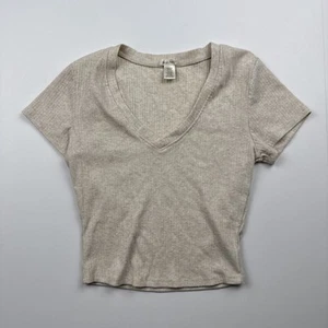 Women’s Bozzolo V-Neck Crop Top Shirt Ribbed Size Medium Ivory Cotton Blend - Picture 1 of 5