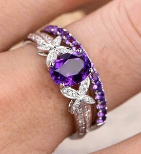 14K White Gold Plated 2Ct Oval Cut Lab Created Amethyst Women's Bridal Ring Set - Picture 1 of 4