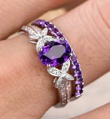 14K White Gold Plated 2Ct Oval Cut Lab Created Amethyst Women's Bridal Ring Set - Image 1 of 4