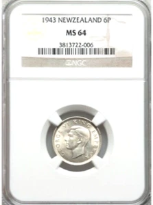 1943 New Zealand 6 Pence NGC MS 64 - Picture 1 of 2