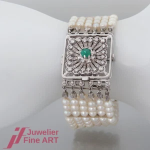 Armband 6-reihig - 156 Akoya-Zucht-Perlen, 1 Smaragd & 48 Diamanten - 18K WG - Bild 1 von 5