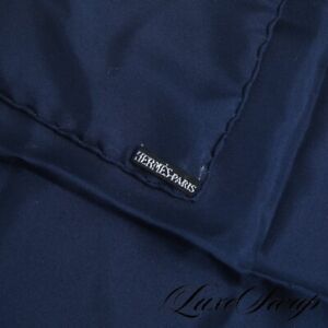 #1 MENSWEAR Hermes Paris Solid Navy Blue Hand Rolled Foulard Twill Pocket Square