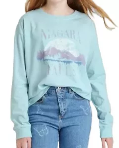 Art Class Girls' XL 14/16 Niagara Falls Distressed Print Oversized LS Blue Tee - Picture 1 of 7