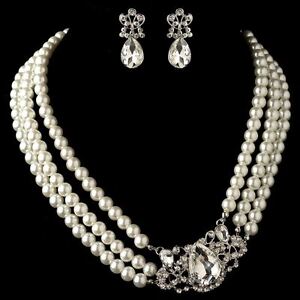 Bridesmaid Ivory Pearl w/Rhinestones Necklace & Earrings Bridal Jewelry Set