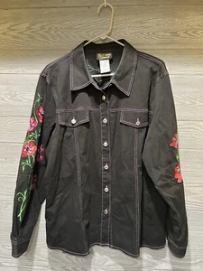 Bob Mackie Wearable Art Black Size Medium Floral Embroidered Shirt Jacket Nice - Bild 1 von 13