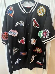 VTG NBA Majestic All Over Print Team Logos Black Warm Up Jersey Men's 25.5” Pit - Picture 1 of 10
