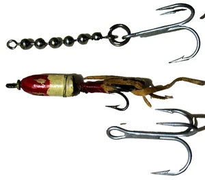 Vintage Fishing Lot including 2 Treble Hooks, and a Small Wood Surface Lure - Picture 1 of 11
