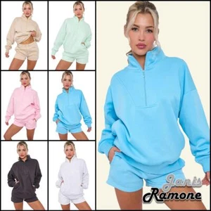 Damen Fleece Co-ord Set 1/2 Reißverschluss Sweatshirt Shorts 2-teilig Freizeit Loungewear Anzug - Bild 1 von 39