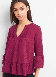 Gap Women Red Berry Pintucked Ruffle V-neck Swiss Dot Bell Sleeve Blouse Top S - Picture 1 of 1
