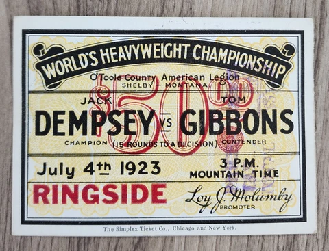 Vintage 1923 Jack Dempsey Vs Tom Gibbons Boxing Ticket Stub 7/4/23 Scarce $50 Cover