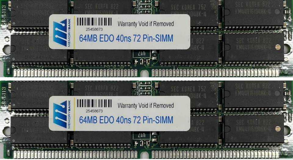64MB  (2 X 64MB) EDO MEMORY NON PARITY 40NS SIMM 72 PIN 16X32 - Image 1 of 1