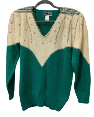 Suéter Vanna Blanco Talla Original Mediana Cuentas Mezcla Lana Almohadillas para el Hombro Foto 1 de 4