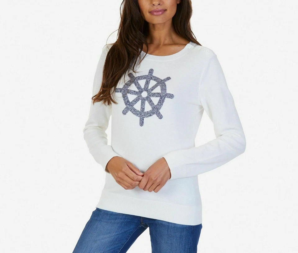 Nautica Women's Ship's Wheel Sweater MARSHMALLO L