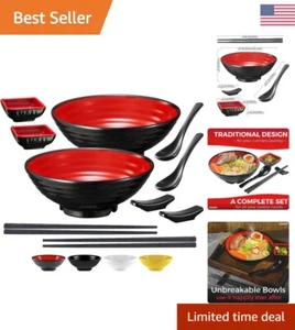 Japanese Style Ramen Bowl Set - 2 Large Melamine Bowls with Chopsticks & Spoon - Picture 1 of 9