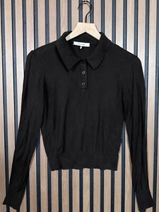 Frame Polo Shirt Large Womens Black Long Sleeve Silk Cashmere Collared Cropped - Picture 1 of 8