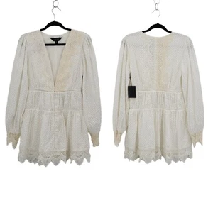 Revolve Bridal Shower Boho Mini Dress M White Puff Sleeve Swiss Dot Crochet Lace - Picture 1 of 17