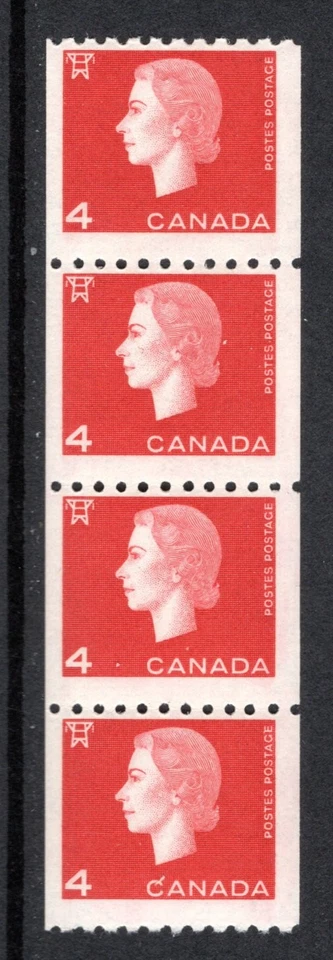 Estampillas en bobina 408, Scott, 4c, tira de 4, F,/VF, MNHOG, emisión camafeo, postal de Canadá Foto 1 de 1