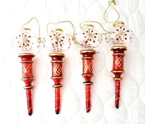 Ornamenti Natalizi Vintage Egiziano Soffiato Oro 24K Vetro Inciso Rosso X4 Raro - Foto 1 di 8