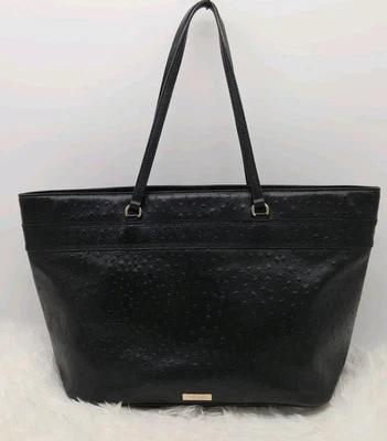 Kate Spade 大号 Harmony 黑色鸵鸟纹理蝴蝶结托特包单肩包 二手  — 第 1/4 张图片