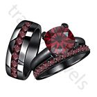 2.50 Ctw Lab Created Red Garnet 14K Black Gold Over His & Her Trio Ring Set