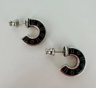 Retired Brighton Silver Black Enamel Etched 3/4 Hoop Pierced Earrings - Image 1 of 4