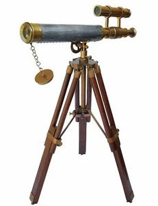 Telescopio de doble cañón de 14" de latón marino con soporte de trípode de madera náutico - Imagen 1 de 5