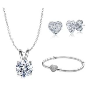 18K White Gold Plated Earrings Cubic Zirconia Necklace & Charm Bracelet 3PK Set - Picture 1 of 4