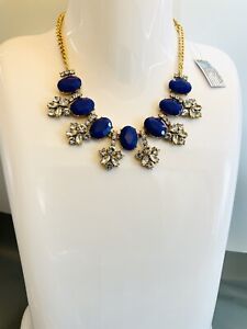 J.CREW Vintage Gold Tone Blue Resin & Clear Crystal Floral Statement Necklace