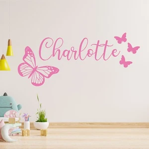 Pegatina de pared personalizada estilo caligrafía nombre con calcomanía de mariposas - Imagen 1 de 5
