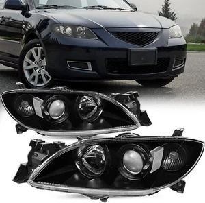 04-09 Mazda 3 Sedan Halogen Projector Headlight Assembly Black Housing Pair - Picture 1 of 8