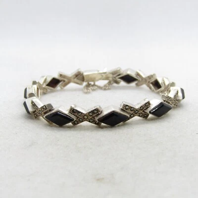 Pulsera de plata de ley 925 con ónix y marcasita vinculada 6,5" K5621 Foto 1 de 4