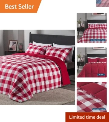 Juego de edredón King ligero - Reversible rojo/blanco a cuadros con 2 fundas de almohada Foto 1 de 4