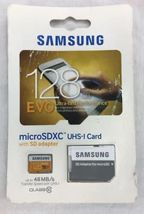 New Samsung 128 GB Evo microSDXC UHS-1 card with SD adapter, Class 10 - Picture 1 of 6