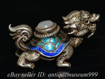 Antigua escultura de tortuga dragón dinastía gema blanca con incrustación de plata china de 2" Foto 1 de 4