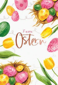Ostern Grußkarte Doppelkarte mit Briefumschlag Ostereier, Tulpen, Naturkarton, m - Bild 1 von 1